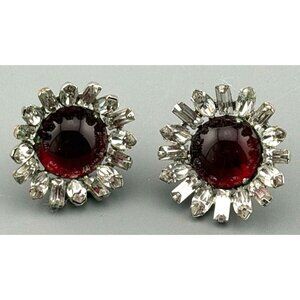 Vintage Silver Tone Red Glass Cabochon Rhinestone Clip Earrings 1"